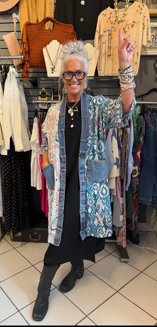 Multi Fabric  Cardigan with Recycled Denim Trim and Pocket -Trixie