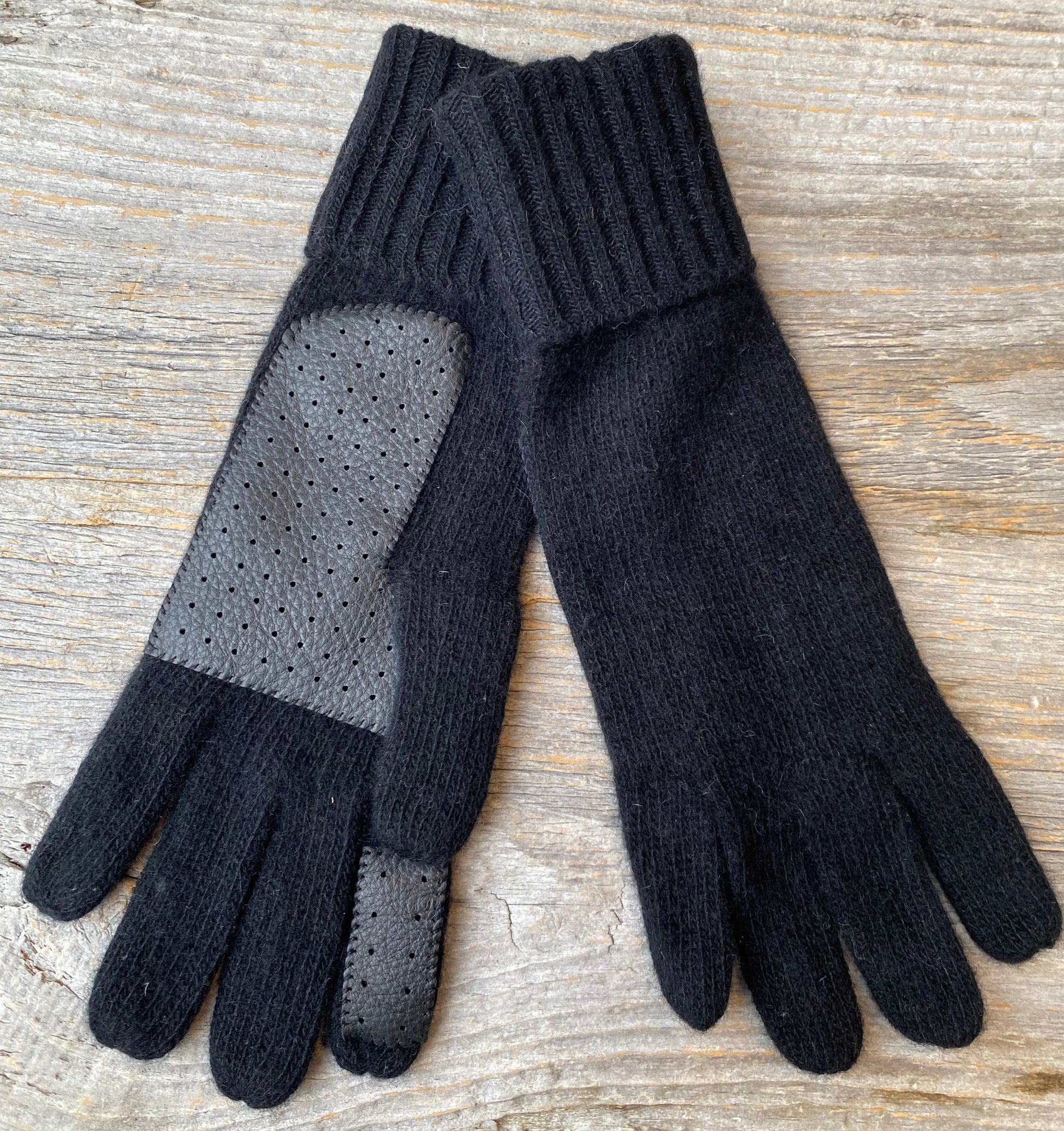 Unisex 100% Cashmere Gloves w Deerskin Palm BLACK