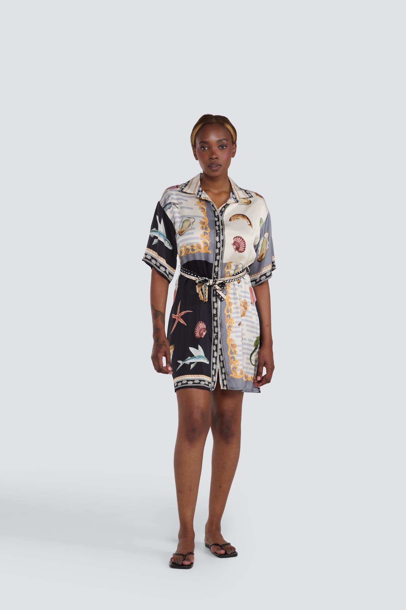Silk Seashell Printed Shirt Dress with Belt - BLACK