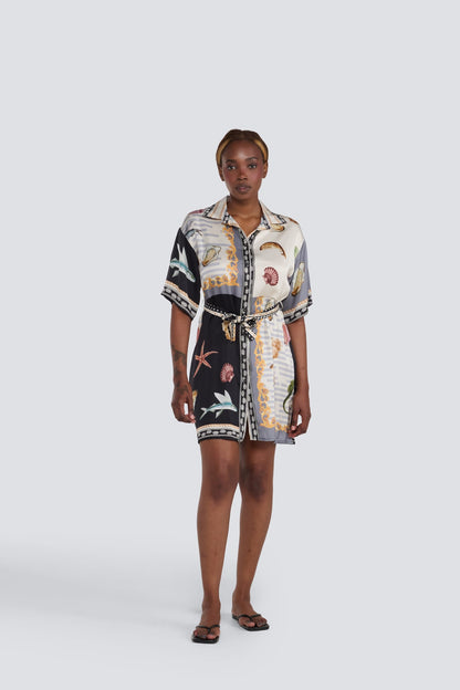 Silk Seashell Printed Shirt Dress with Belt - BLACK