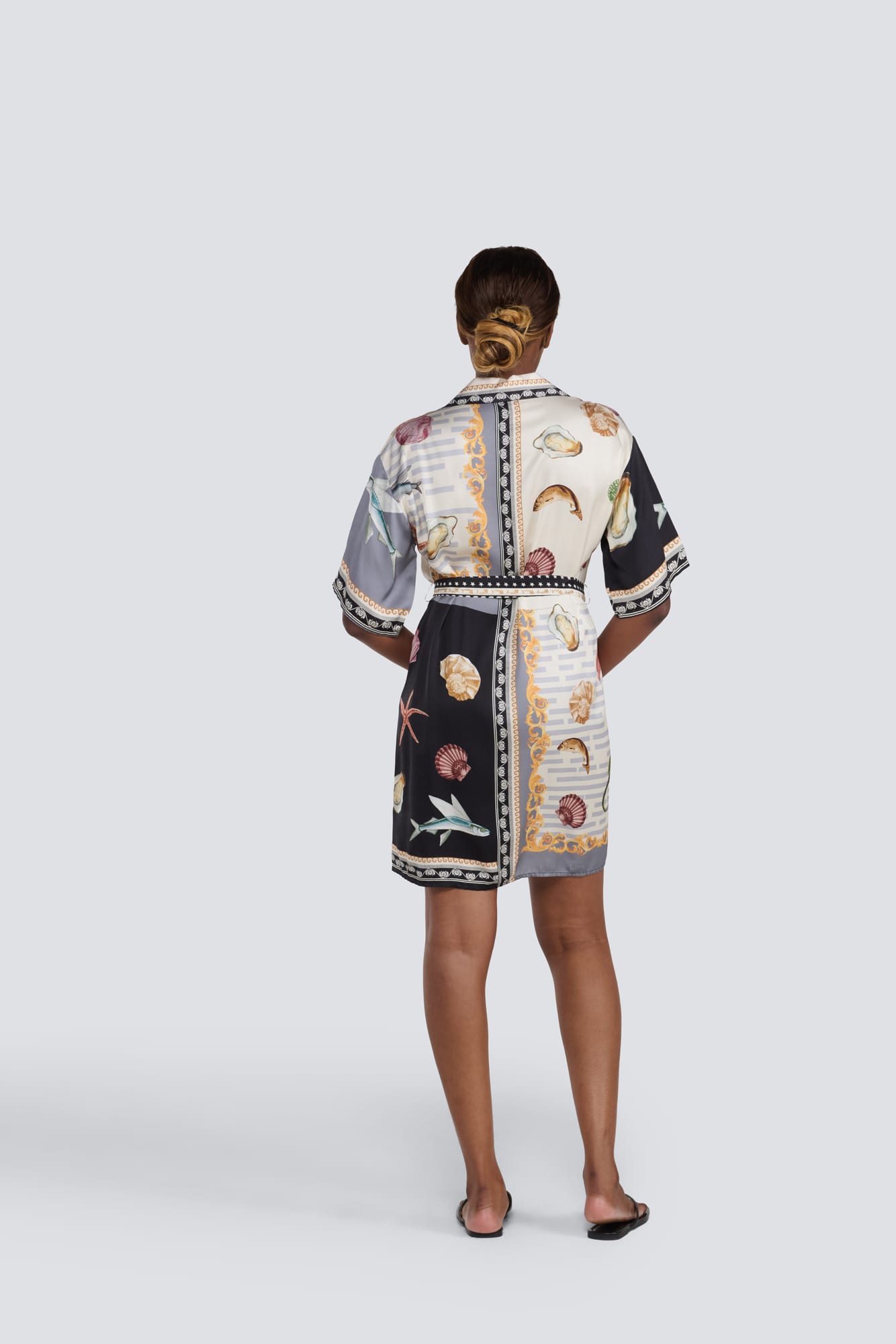 Silk Seashell Printed Shirt Dress with Belt - BLACK
