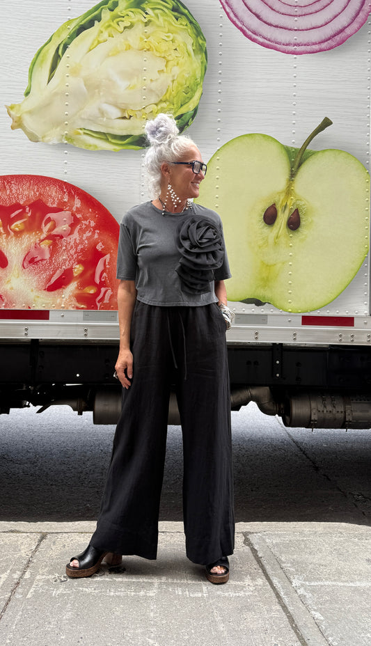 Hi Waist Black Linen Wide Leg Pant with POCKETS