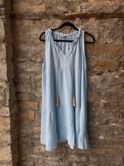 100% Waffle Cotton Sleeveless Flounce Summer Dress - SKY BLUE