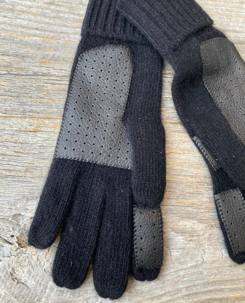 Unisex 100% Cashmere Gloves w Deerskin Palm BLACK