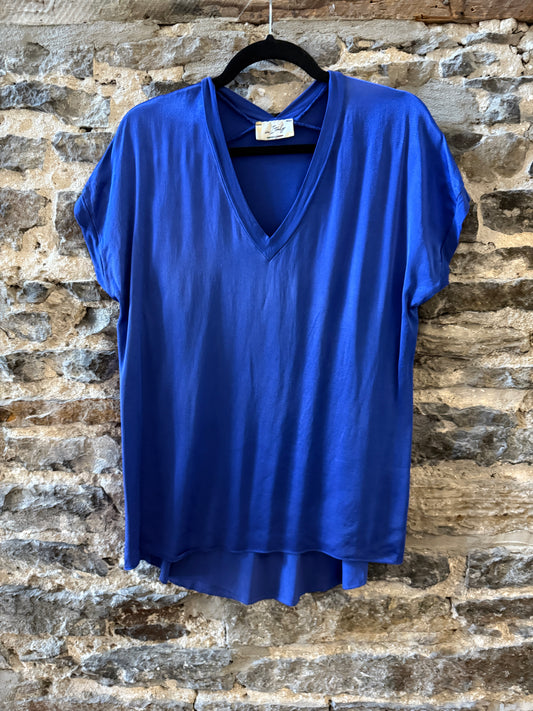 One Size Deep V neck silky classic fit stretch short sleeve T shirt -Lapis Blue