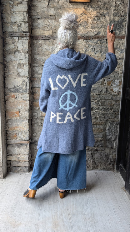 Hoody Knit Cardigan with Peace and Love - Denim Blue