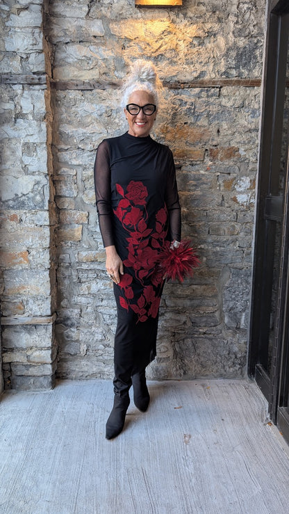 Black Mesh Long Sleeve Dress with Red Velvet Roses Flowers