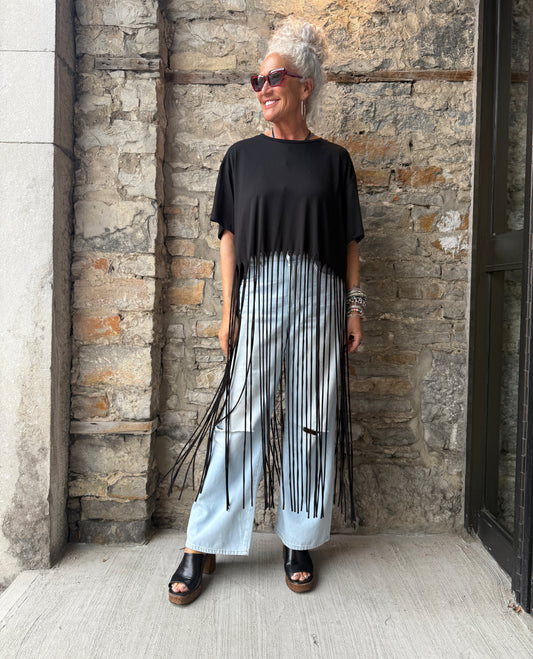 100% Cotton Relaxed Long Fringe T shirt- BLACK
