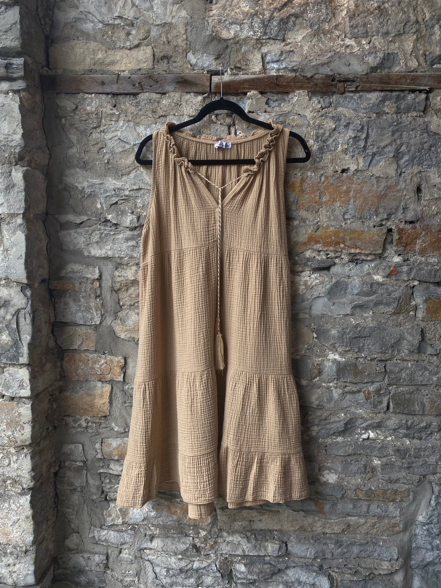100% Waffle Cotton Sleeveless Flounce Summer Dress - TAN CAMEL