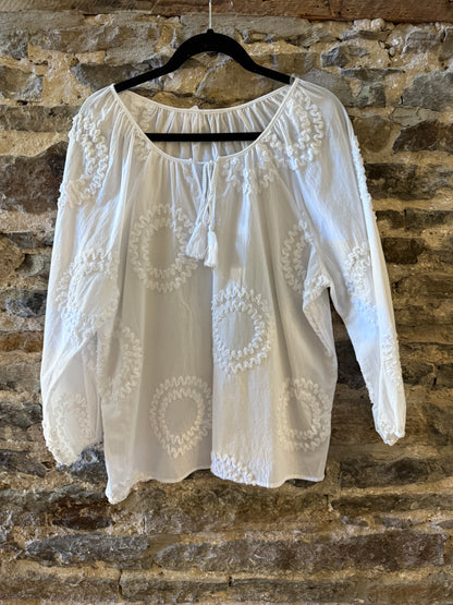 100% Cotton Boho Peasant Relaxed Fit Blouse- WHITE