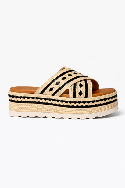 Raffia Platform Slide Sandals - Natural and Blac