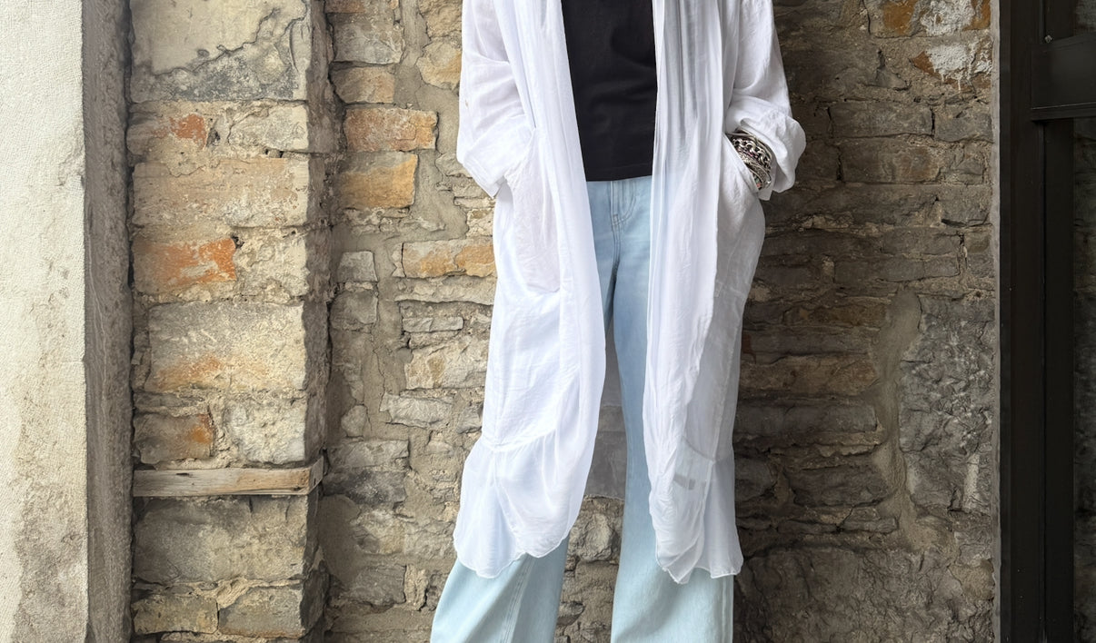 One Size Linen Shawl Collar  Relaxed Fit  Kimono  -White