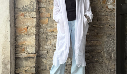 One Size Linen Shawl Collar  Relaxed Fit  Kimono  -White