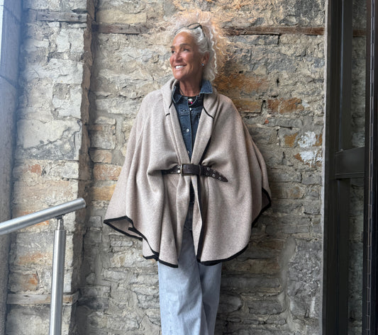 Cashmere Knit Cardigan Poncho - Light Brown with Black Trim