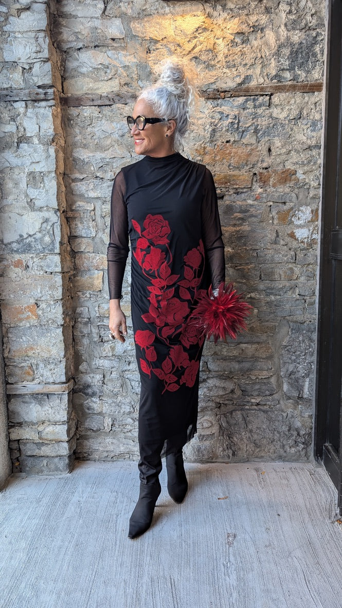 Black Mesh Long Sleeve Dress with Red Velvet Roses Flowers