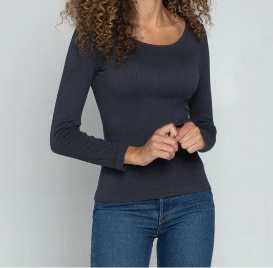 Seamless Ribbed Crew Neck Top - SLATE GREY