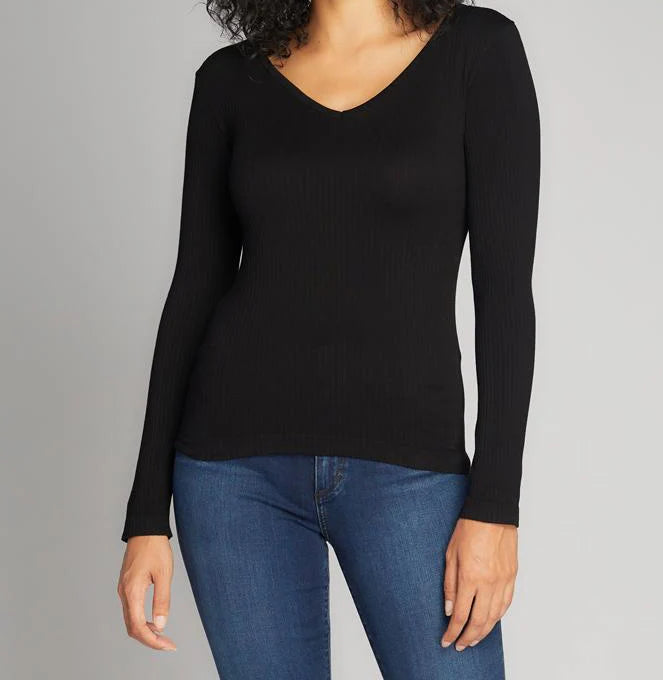 Seamless Ribbed V-Neck Top - BLACK