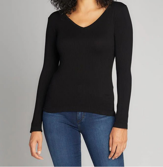 Seamless Ribbed V-Neck Top - BLACK
