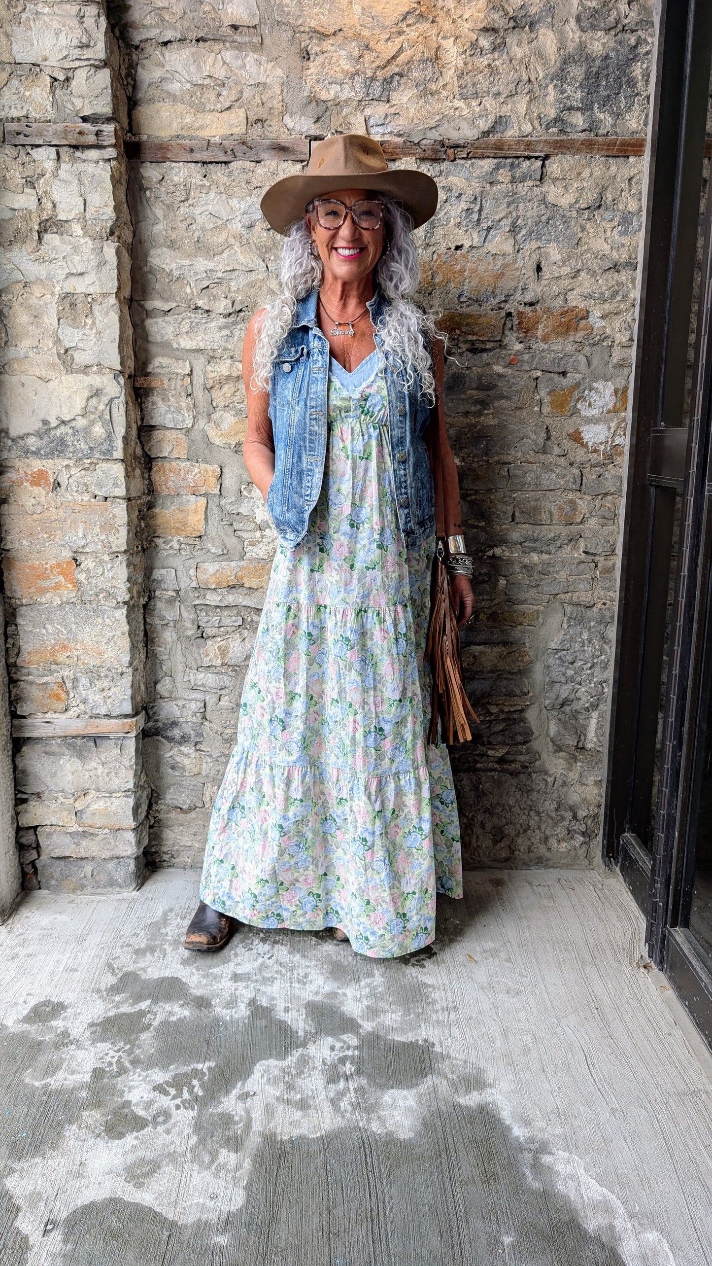 100% Cotton Floral Denim Flounce Maxi Dress- pink blue white green denim