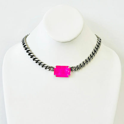 14"  Antique Silver Crystal Necklace- electric PINK