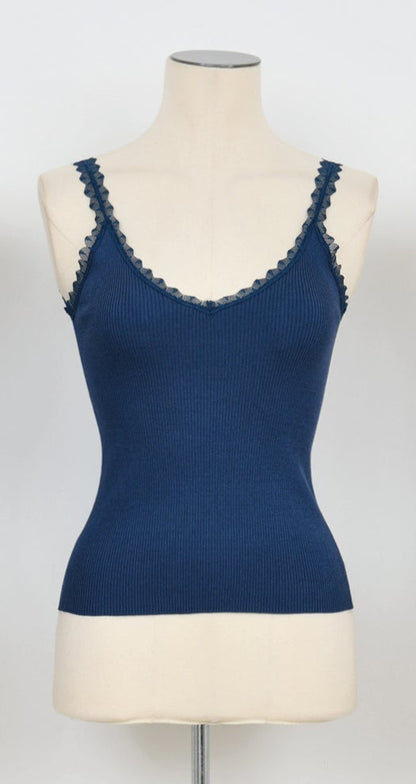 Ribbed Knit Tank Top with lace trim - Blue Denim