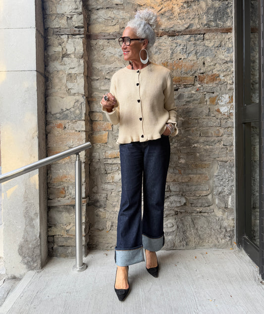 Beige Ribbed Knit Cardigan with Black Velvet Heart Buttoned