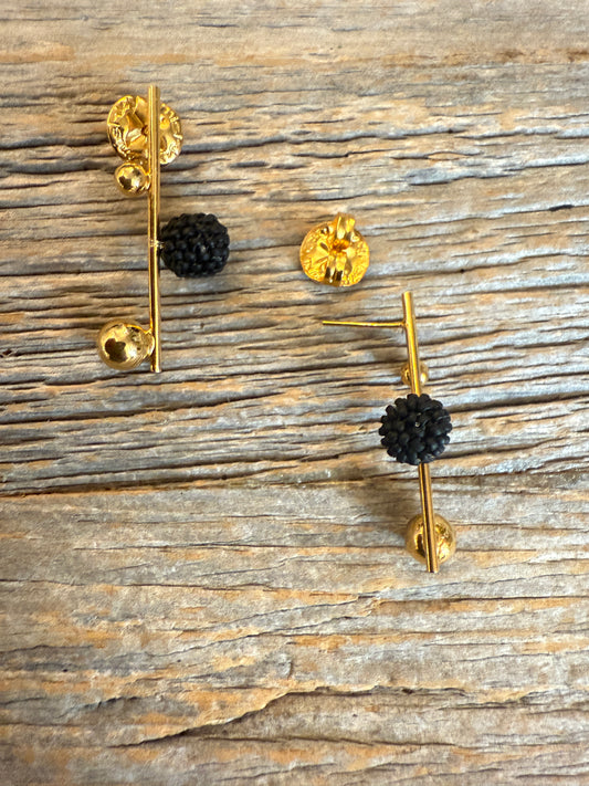 Gold Modern Earrings with Black Bead Ball