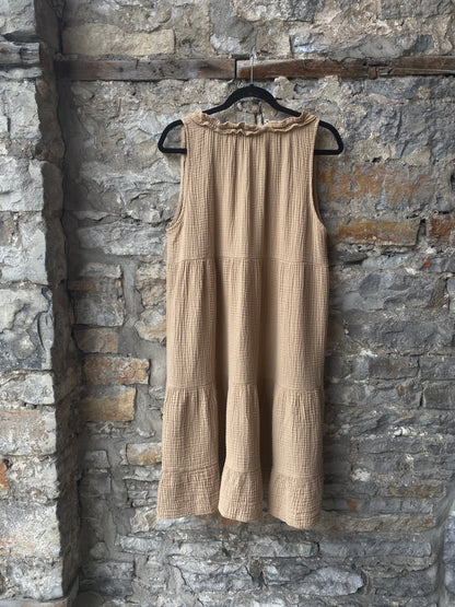 100% Waffle Cotton Sleeveless Flounce Summer Dress - TAN CAMEL