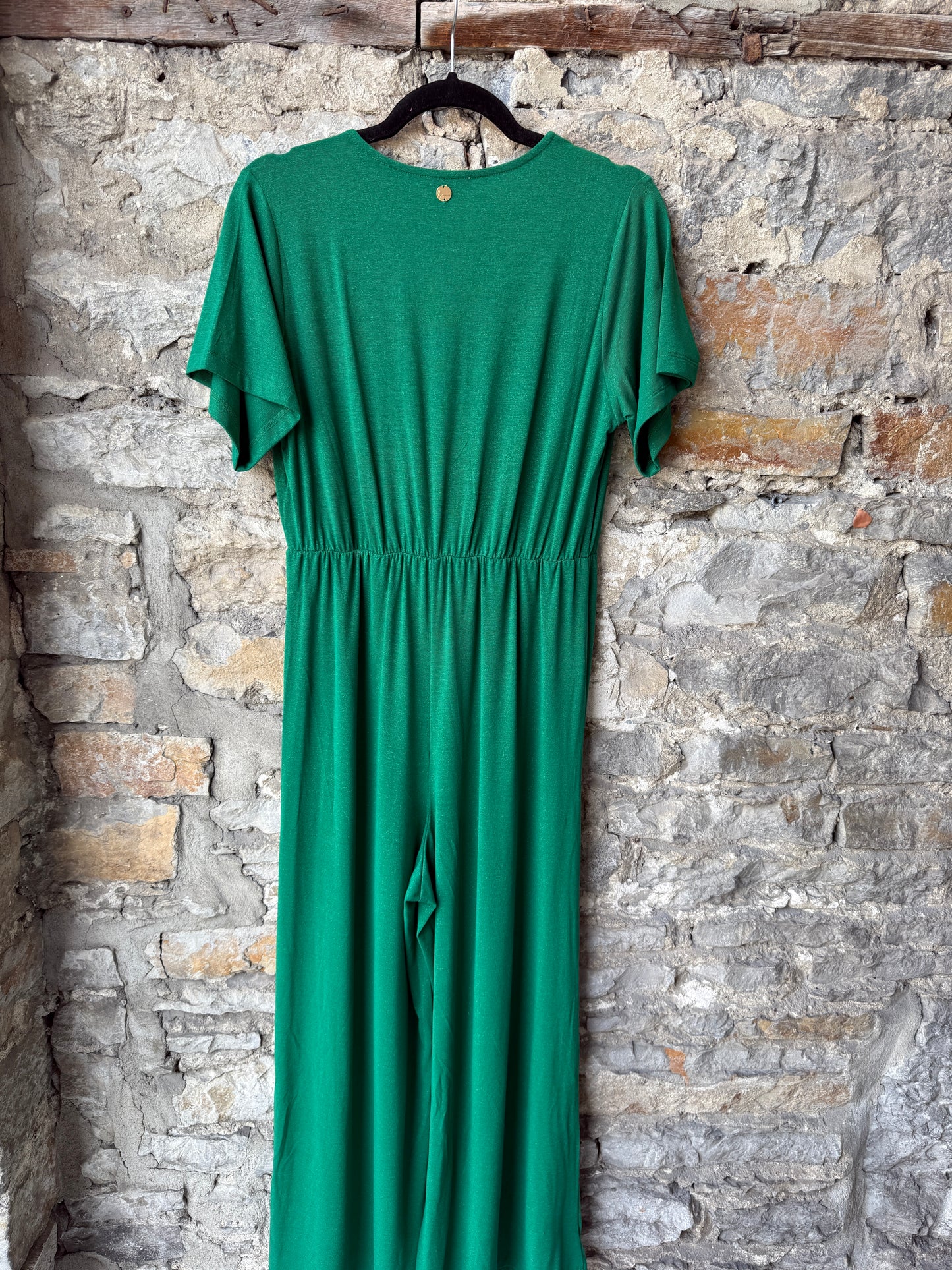 V neck Short Sleeve Wide Leg Jumpsuit- EMERALD GREEN