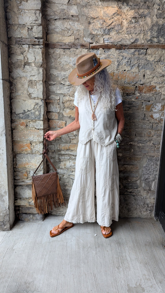 100% Cotton Boho Loose Wide Leg Pant with Pockets and Lace Detail- Sand