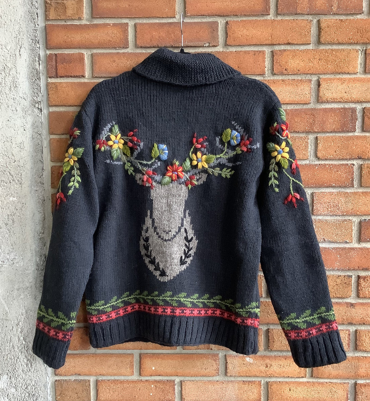 Hand Embroidered Knit Zip Up Sweater with Floral Deer Motif - Charcoal Grey
