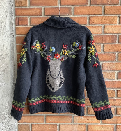 Hand Embroidered Knit Zip Up Sweater with Floral Deer Motif - Charcoal Grey