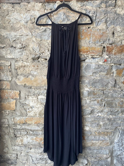 Black Smocked Waist Midi Dress
