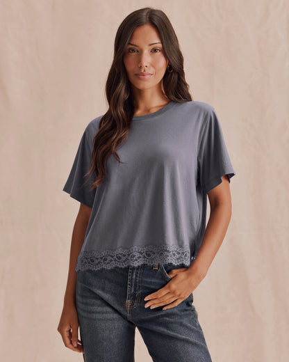 Lace Trim T-Shirt - SLATE GREY