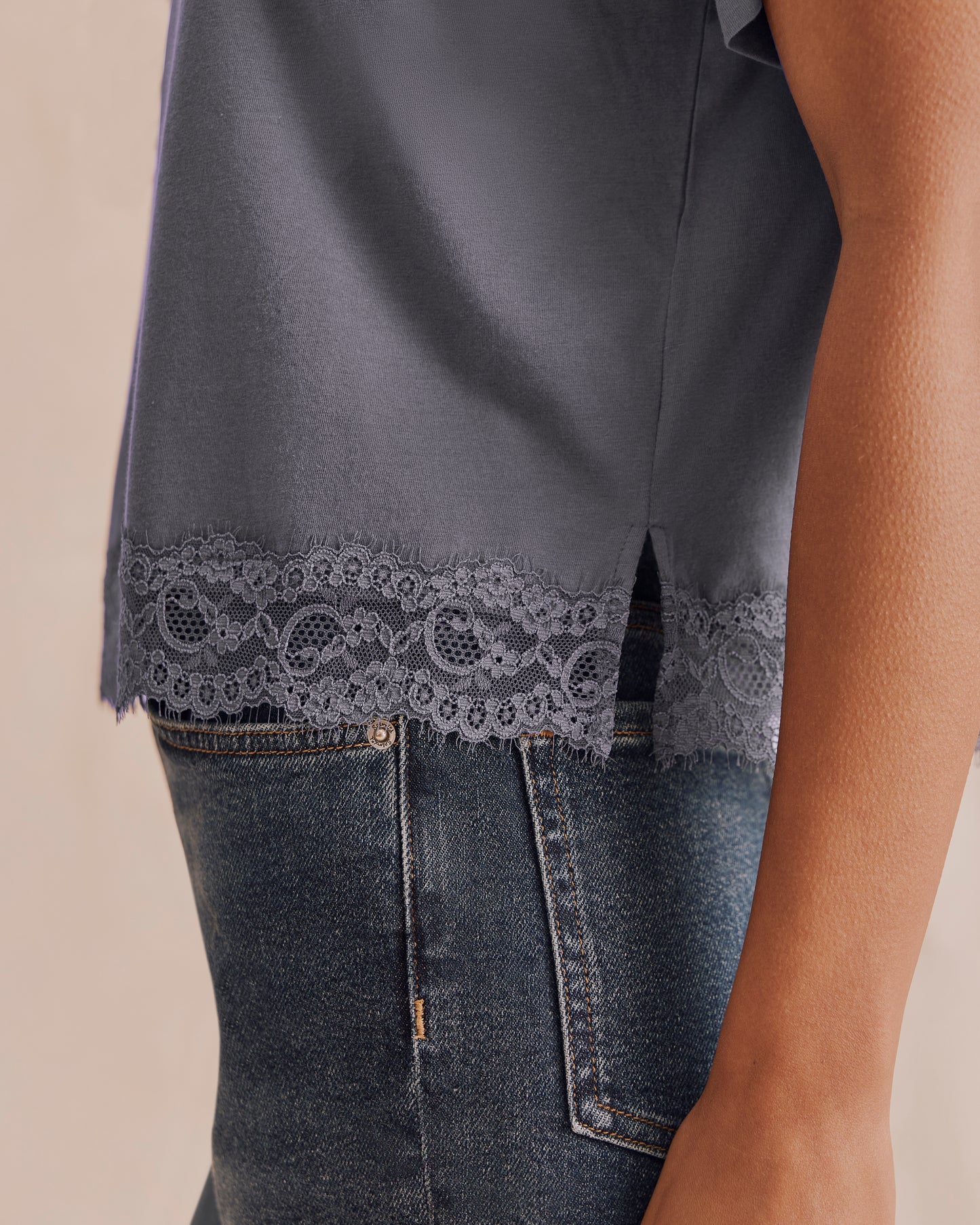 Lace Trim T-Shirt - SLATE GREY