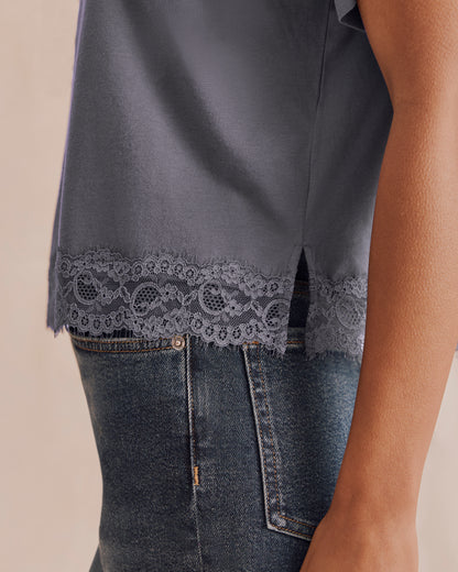 Lace Trim T-Shirt - SLATE GREY