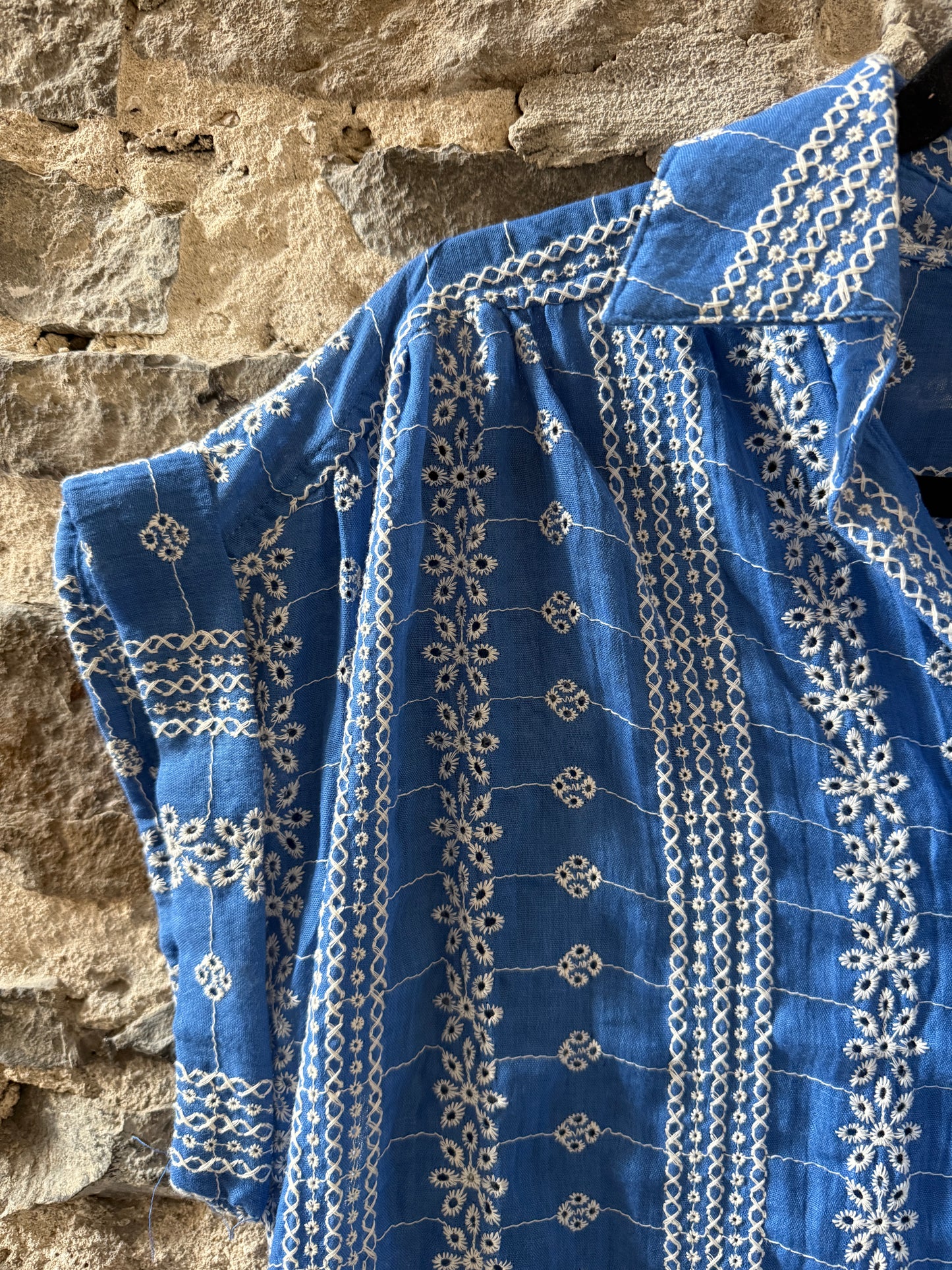 Cotton Folk Embroidery Shirt Dress with POCKETS- Blue and Beige