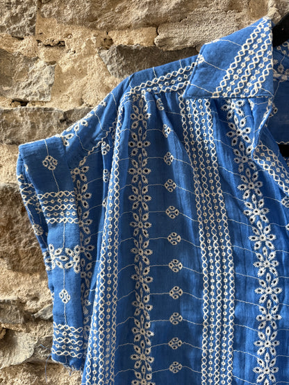 Cotton Folk Embroidery Shirt Dress with POCKETS- Blue and Beige