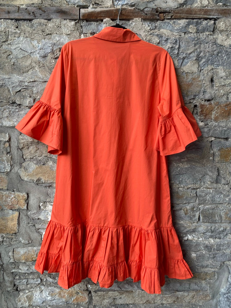100% Cotton Button and Flounce Shirt Dress - Orange