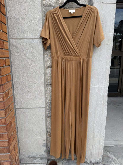 V neck Short Sleeve Wide Leg Jumpsuit- CAMEL with GOLD flecks