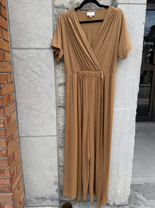 V neck Short Sleeve Wide Leg Jumpsuit- CAMEL with GOLD flecks