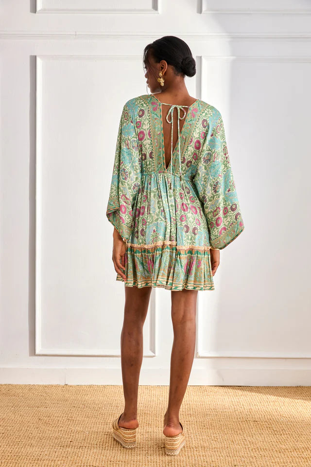 Short Floral Caftan Dress with Ruffle Detailing - GREEN & BLUE