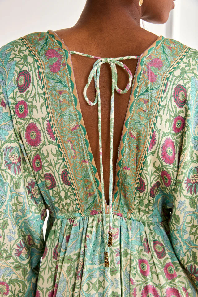 Short Floral Caftan Dress with Ruffle Detailing - GREEN & BLUE
