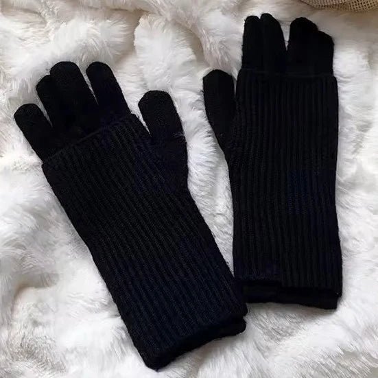 3-in-1 Wool-blend Knit Gloves - BLACK
