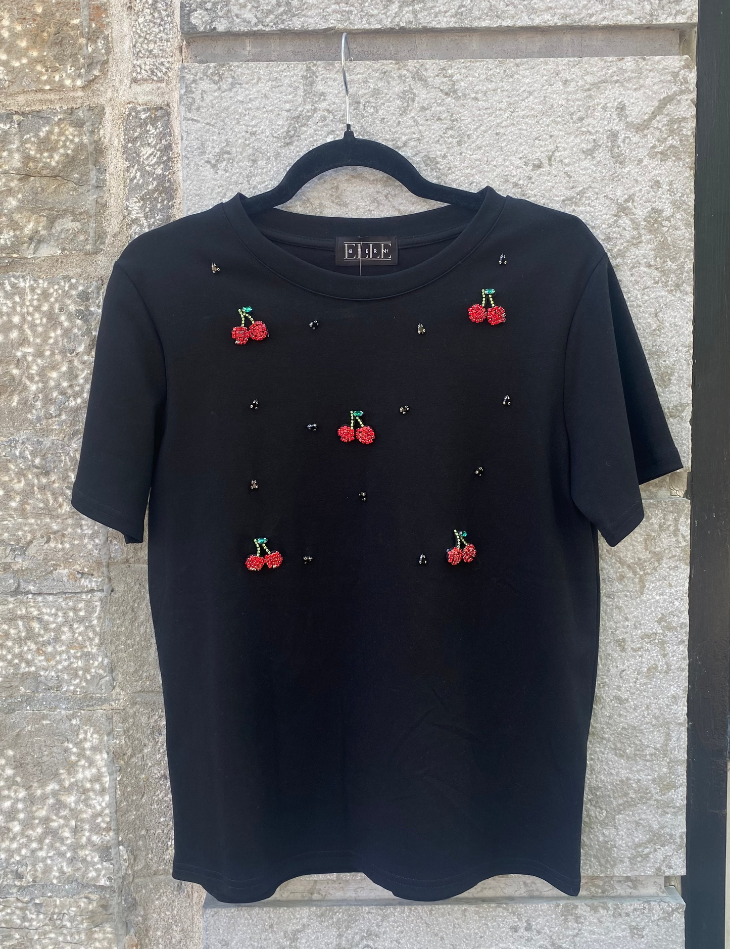 Rhinestone Cherry T-shirt - BLACK