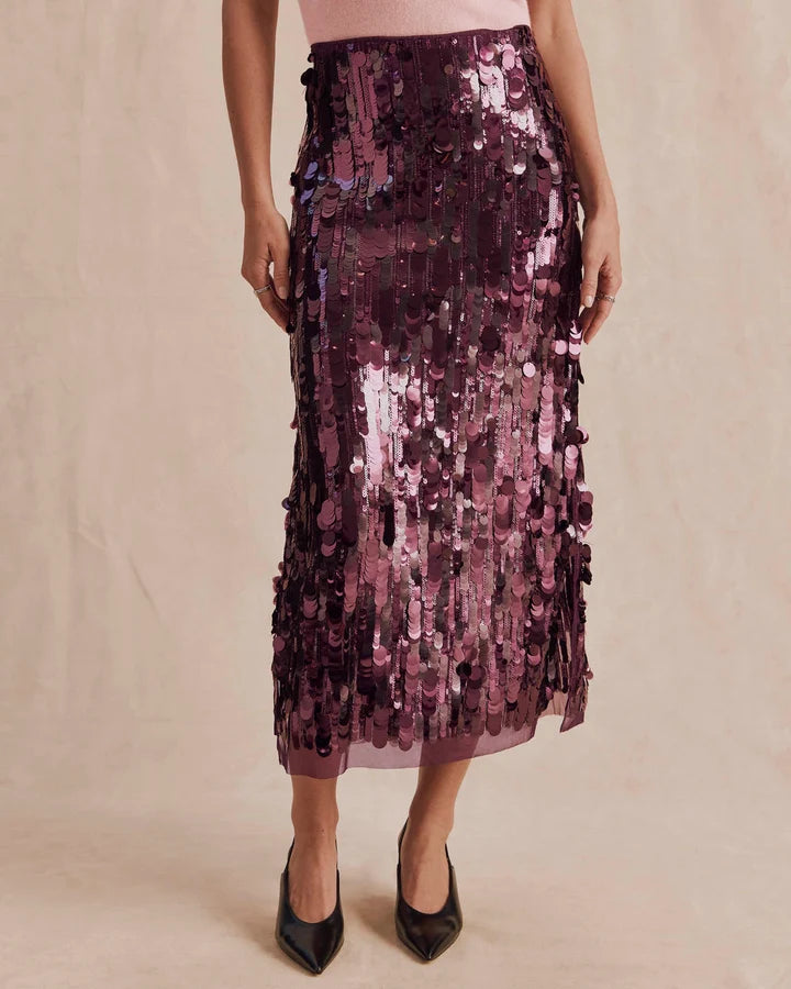 Sequin Midi Skirt with Slit - BURGUNDY