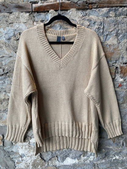 100% Cotton V Neck Chunky Sweater - Tan