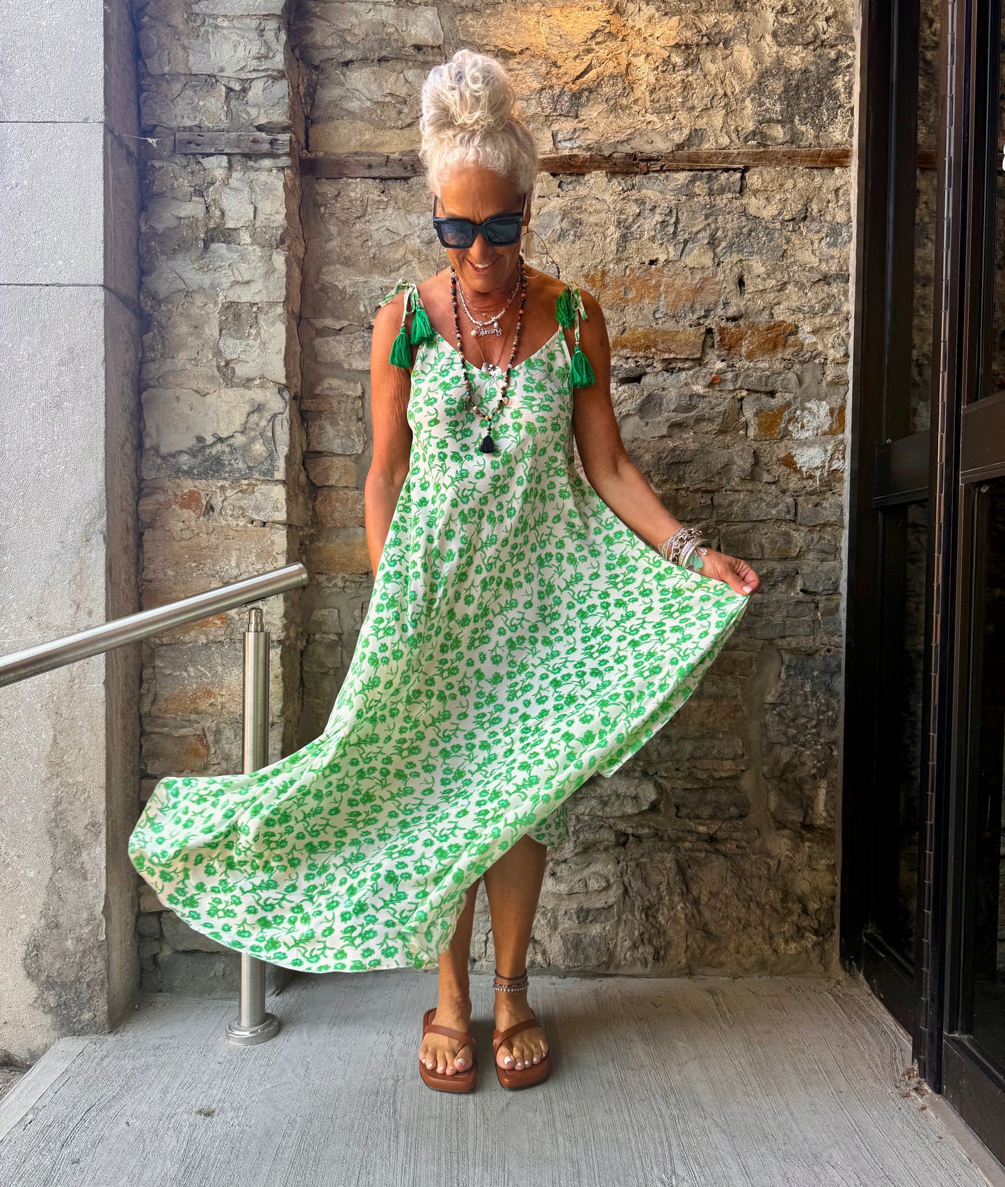 Silky Spaghetti Strap V-Neck Maxi Dress -GREEN & WHITE