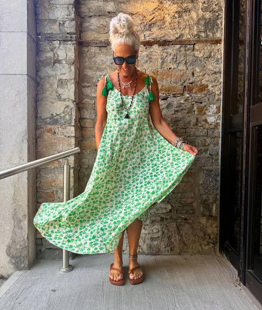 Silky Spaghetti Strap V-Neck Maxi Dress -GREEN & WHITE
