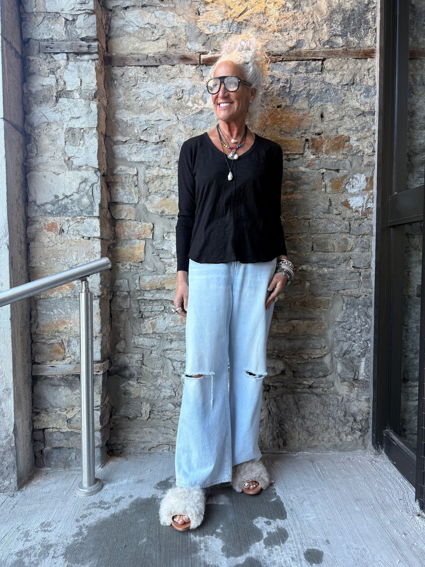 100% Slub Cotton V neck Long Sleeve Top- Black